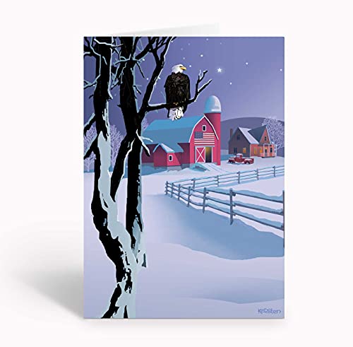 Weihnachtskarten mit Winterfarm und Adler, 18 Weihnachtskarten und Umschläge, rote Scheune und Adler von Stonehouse Collection