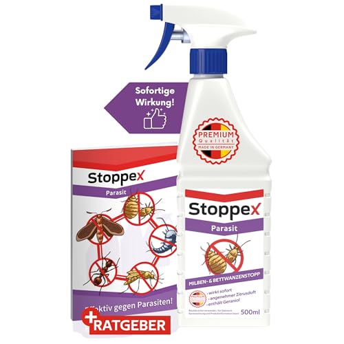 Stoppex Parasit Milben- & Bettwanzenspray – Effektive Soforthilfe gegen Milben & Bettwanzen - Ideal für Matratzen, Sofas, Polster & Teppiche von Stoppex