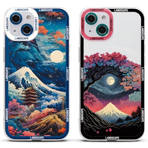 2 Stück Handyhülle für Apple iPhone 15 PRO Hülle 6.1", Anime Japanische Mond Blumen Berg Art Manga Motiv Designs TPU Weich Schutzhülle Stoßfest Ultra Dünn Cover,Mond von Stradvnaly