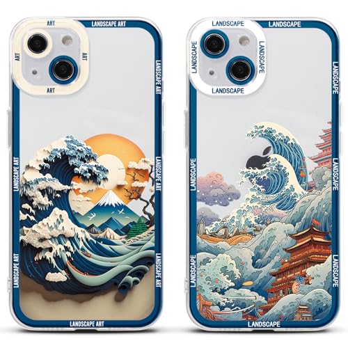 2 Stück Handyhülle für Samsung Galaxy A32 4G Hülle 6.4", Ästhetik Japanische Art Wellen Sonne Manga Muster Design mit TPU Weich Ultra Dünn Schutzhülle Stoßfest Silikon Case,Wellen von Stradvnaly