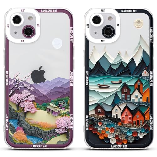 2 Stück Handyhülle für Samsung Galaxy S23 5G Hülle 6.1", Anime Ästhetik Berg Fluss Art Manga Blumen Muster Design mit TPU Weich Ultra Dünn Schutzhülle Stoßfest Silikon Case,Lila von Stradvnaly
