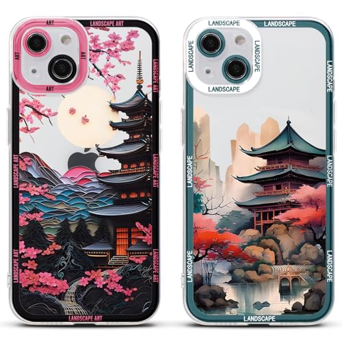 2 Stück Handyhülle für Samsung Galaxy S23 Ultra 5G Hülle 6.8", Anime Ästhetik Berg Fluss Art Manga Blumen Muster Design mit TPU Weich Ultra Dünn Schutzhülle Stoßfest Silikon Case,Ästhetik von Stradvnaly