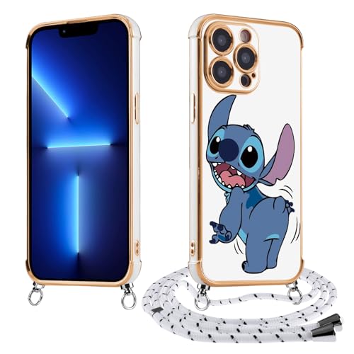 Handykette Handyhülle für Samsung Galaxy S22 5G 6.1", Stoßfeste Aesthetic Schutzhülle mit Kette, Stitch Cartoon Anime Motiv Design mit Silikon ordel zum Umhängen Galvanik Handyhülle,Weiß 02 von Stradvnaly