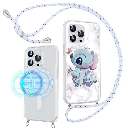 Handykette für iPhone 12 Mini 5.4" Hülle mit Band,Kompatibel mit MagSafe,Magnetisch Handyhülle mit Kordel zum Umhängen, Niedlich Muster Stitch Anime mit Silikon TPU Stoßfest Schutzhülle,06 von Stradvnaly