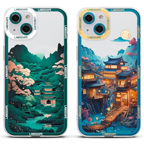Stradvnaly 2 Stück Aesthetic Handyhülle für iPhone 12 Pro Max Hülle 6.7", TPU Weich Schutzhülle mit Anime Japanische Mond Berg Ästhetik Muster Silikon Stoßfest Cover Case,Muster von Stradvnaly