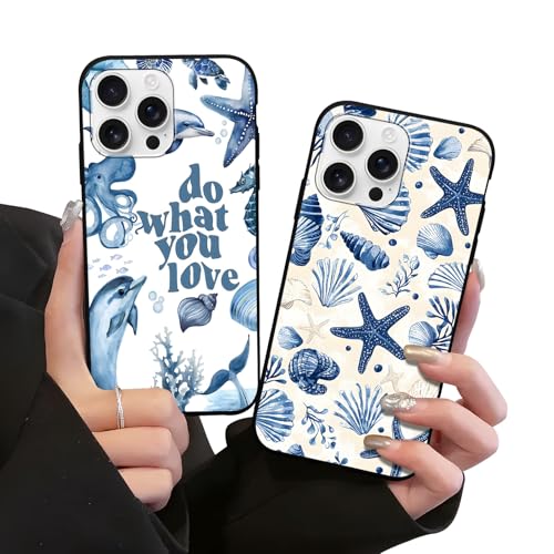 Stradvnaly 2 Stück Handyhülle für iPhone 13 iPhone 14 Hülle 6,1",Cartoon TPU Blau Ozean Hai Hülse Muschel Seestern Muster Aesthetic Design Frauen Mädchen Case,Stoßfest Kratzfeste Schutzhülle von Stradvnaly