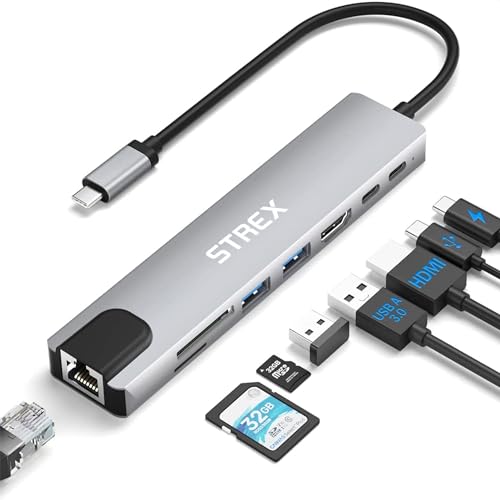 Strex 8 in 1 USB C Hub - Docking Station - USB Splitter - 4K HDMI - USB A - USB C - Ethernet - Micro SD - Geeignet für Laptop, MacBook, Windows von Strex