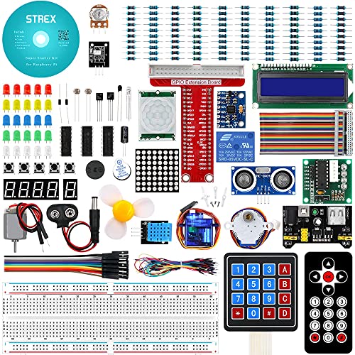 Strex Raspberry Pi Starter Kit 2022 - 189 Teile - Pi3 & Pi4 - GPIO / Fernbedienung / Motor / LCD Display / Relais / Keypad / Bewegungssensor und mehr! - DVD mit Anleitungen - In Kunststoff Aufbewahrungsbox von Strex