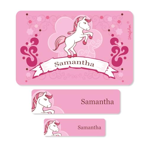 Striefchen® Schuletiketten - Set mit Wunschname Motiv: Pink Pony (100-teilig) Ideal zur Einschulung oder Schulanfang von Striefchen