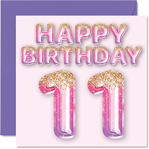 Geburtstagskarte zum 11. Geburtstag für Mädchen – rosa und lila Glitzerballons – Happy Karten für 11 Jahre altes Mädchen Tochter Schwester Enkelin Cousin 145 mm Elfter Geburtstag Grußkarten Geschenk von Stuff4