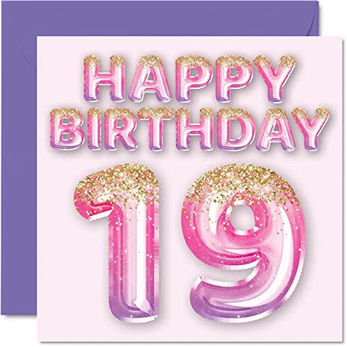 Geburtstagskarte zum 19. Geburtstag für Frauen – rosa & lila Glitzerballons – Happy Karten für 19 Jahre alte Frau Tochter Schwester Tante Cousin 145 mm Neunzehnten Geburtstag Grußkarten Geschenk von Stuff4