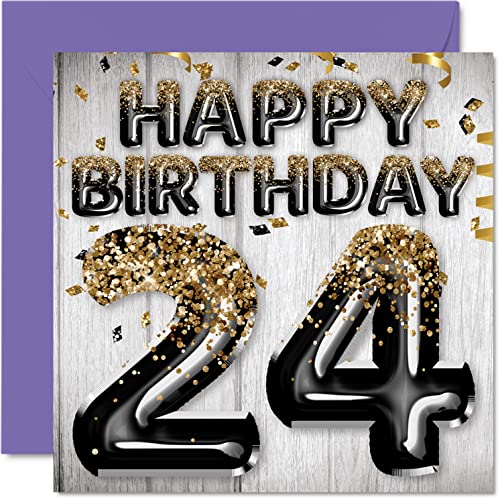 Geburtstagskarte zum 24. Geburtstag für Männer – schwarze und goldene Glitzerballons – Happy Karten für 24 Jahre alten Mann Sohn Bruder Onkel Cousin 145 mm 24. Vierundzwanzig Grußkarten Geschenk von Stuff4