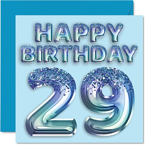 Geburtstagskarte zum 29. Geburtstag für Männer – Blauer Glitzer-Partyballon – Happy Birthday Karten für 29 Jahre alten Mann, Bruder, Sohn, Neffe, Onkel, 145 mm x 145 mm, 29 von Stuff4
