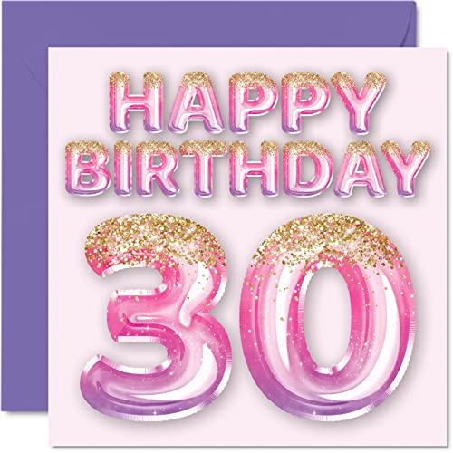 Geburtstagskarte zum 30. Geburtstag für Frauen – rosa und lila Glitzerballons – Happy Karten für 30 Jahre alte Frau Freund Schwester Mama Tante, 145 mm x 145 mm dreißig Geburtstag Grußkarten Geschenk von Stuff4