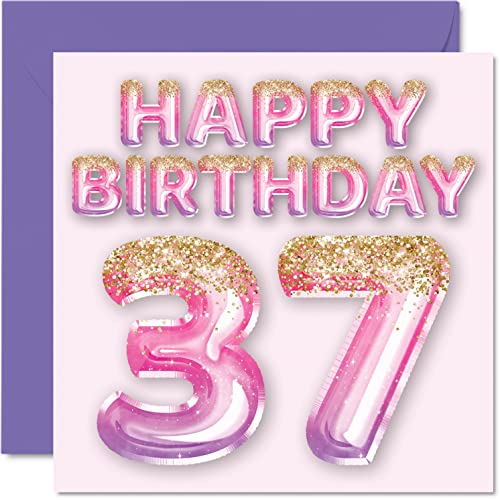 Geburtstagskarte zum 37. Geburtstag für Frauen – rosa und lila Glitzerballons – Happy Karten für 37 Jahre alte Frau Freund Schwester Mama Tante 145 mm dreißig siebzig Geburtstag Grußkarten Geschenk von Stuff4