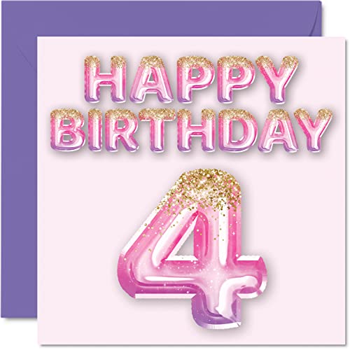 Geburtstagskarte zum 4. Geburtstag für Mädchen – rosa und lila Glitzerballons – Happy Karten für 4 Jahre altes Mädchen Tochter Schwester Enkelin Cousin, 145 mm x 145 mm Grußkarten für 4. Geburtstag von Stuff4