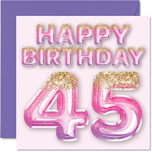 Geburtstagskarte zum 45. Geburtstag für Frauen – rosa und lila Glitzerballons – Happy Karten für 45 Jahre alte Frau Mama Cousin Freund Schwester Tante 145 mm Forty-Five Forty-Fifth Grußkarten Geschenk Geburtstagskarte zum 45. Geburtstag für Frauen – rosa und lila Glitzerballons – Happy Karten für 45 Jahre alte Frau Mama Cousin Freund Schwester Tante 145 mm Forty-Five Forty-Fifth Grußkarten Geschenk von Stuff4