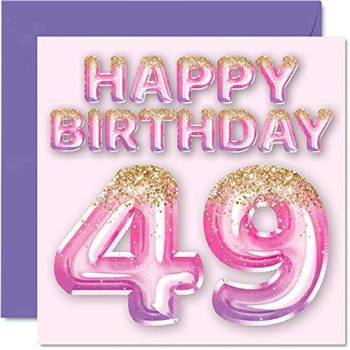Geburtstagskarte zum 49. Geburtstag für Frauen – rosa und lila Glitzerballons – Happy Karten für 49 Jahre alte Frau Mama Cousin Freund Schwester Tante, 145 mm x 145 mm vierzigsten Grußkarten Geschenk von Stuff4