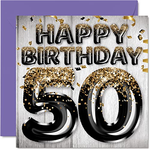 Geburtstagskarte zum 50. Geburtstag für Männer – schwarze und goldene Glitzerballons – Happy Karten für 50 Jahre alten Mann Papa Opa Onkel – Opa Onkel – 145 mm x 145 mm Grußkarten zum 50. Geburtstag von Stuff4