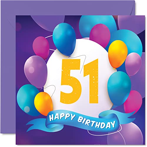 Geburtstagskarte zum 51. Geburtstag für Männer und Frauen – Ballon-Party – Happy Birthday Cards für 51 Jahre alte Männer Frau Mutter Vater Tante Onkel Großvater Oma Bruder Schwester 145 mm x 145 mm von Stuff4