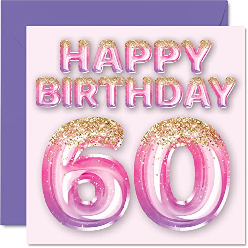 Geburtstagskarte zum 60. Geburtstag für Frauen – rosa und lila Glitzerballons – Happy Karten für 60 Jahre alte Frau Mama Nanny Grandma Gran Tante, 145 mm x 145 mm 60. Geburtstag Grußkarten Geschenk von Stuff4