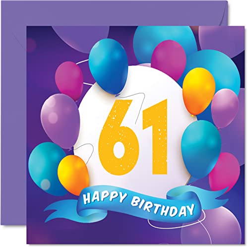 Geburtstagskarte zum 61. Geburtstag für Männer und Frauen – Ballon-Party – Happy Birthday Cards für 61 Jahre alte Männer, Frau, Mutter, Vater, Tante, Onkel, Großvater, Oma, Opa, 145 mm x 145 mm von Stuff4