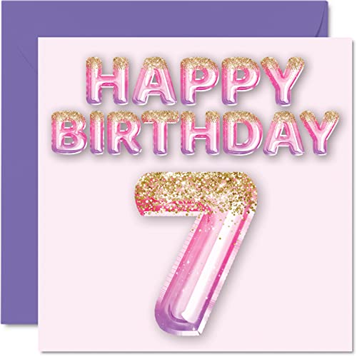 Geburtstagskarte zum 7. Geburtstag für Mädchen – rosa und lila Glitzerballons – Happy Karten für 7 Jahre altes Mädchen Tochter Schwester Enkelin Cousin 145 mm Seven Seventh Bday Grußkarten Geschenk von Stuff4