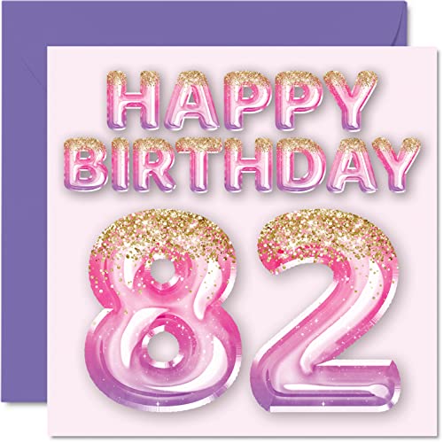 Geburtstagskarte zum 82. Geburtstag für Frauen – rosa und lila Glitzerballons – Happy Karten für 82 Jahre alte Frau Mama Great Nanny Grandma Gran 145 mm x 145 mm 80 Sekunden Geburtstagskarten Geschenk von Stuff4