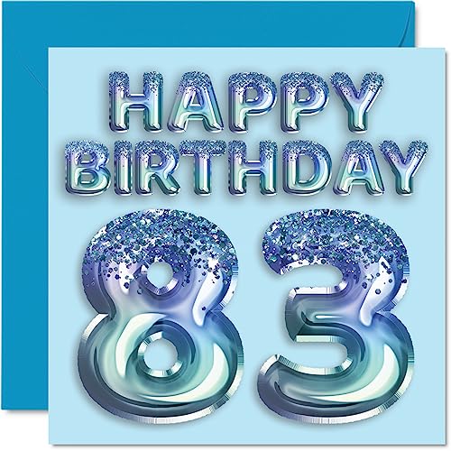 Geburtstagskarte zum 83. Geburtstag für Männer – Blauer Glitzer-Partyballon – Happy Birthday Karten für 83 Jahre alten Mann, Großvater, Großvater, Vater, Oma, 145 mm x 145 mm, dreiundachtzig und von Stuff4