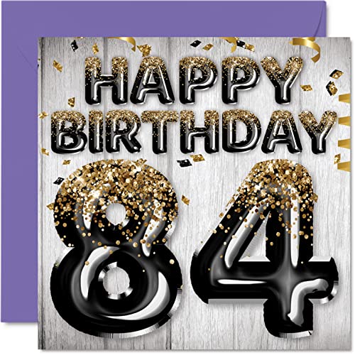 Geburtstagskarte zum 84. Geburtstag für Männer – schwarze und goldene Glitzerballons – Happy Karten für 84 Jahre alten Mann Papa Great Grandad Grandpa Gran 145 mm 84 Viertel Grußkarten Geschenk von Stuff4