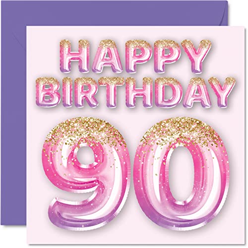 Geburtstagskarte zum 90. Geburtstag für Frauen – rosa und lila Glitzerballons – Happy Karten für 90 Jahre alte Frau Mama Great Nanny Grandma Gran, 145 mm x 145 mm Ninety Ninetieth Grußkarten Geschenk von Stuff4