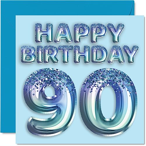 Geburtstagskarte zum 90. Geburtstag für Männer – Blauer Glitzer-Partyballon – Happy Birthday Karten für 90 Jahre alten Mann, Großvater, Großvater, Vater, Oma, 145 mm x 145 mm, 90 90. Geburtstag von Stuff4
