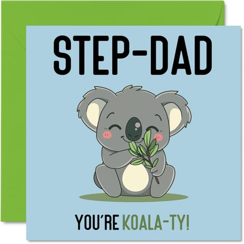 Geburtstagskarten für Stiefvater – Koala-Ty – lustige Geburtstagskarte für Stiefvater von Stiefsohn Tochter, Vatertagskarte für Stiefvater, 145 mm x 145 mm, Witz-Grußkarten für Männer und Ihn von Stuff4