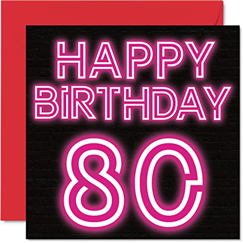 Lustige Geburtstagskarte zum 80. Geburtstag für Männer und Frau – Neon Glow – Happy Birthday Karte für Papa Mama Großvater Opa Oma Oma Onkel Tante, 145 mm x 145 mm Grußkarten, 80. Geburtstagskarte von Stuff4