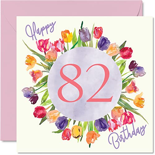 Schöne Geburtstagskarte zum 82. Geburtstag für Frauen – Aquarell-Tulpen, Blumenstrauß – Happy Birthday-Karte für sie, Oma, Kindermädchen, Großmutter, Geburtstagsgeschenk, 145 mm x 145 mm von Stuff4
