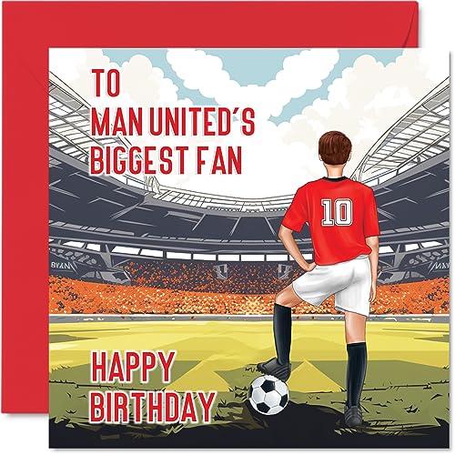 Stuff4 Fußball-Geburtstagskarte für Man-United-Fans – Biggest Fan – lustige Geburtstagskarte für Sohn, Vater, Bruder, Onkel, Kollegen, Freund, Cousin, 145 mm x 145 mm Footy Footie Bday Grußkarten von Stuff4