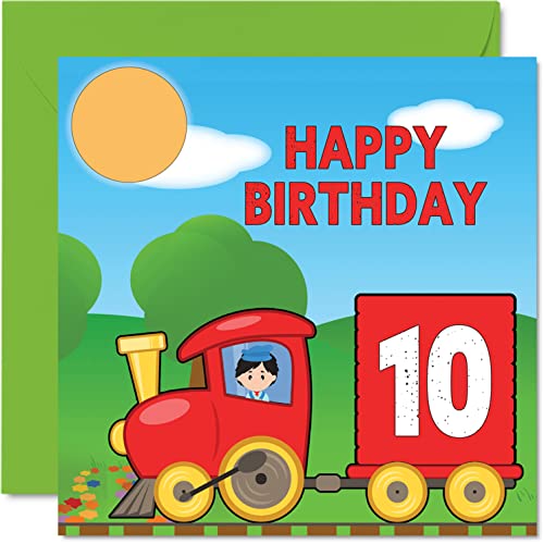 Stuff4 Geburtstagskarte zum 10. Geburtstag, Unisex, Zug, Happy Birthday, Karte für 10 Jahre, Sohn, Tochter, Bruder, Schwester, Enkelin, Nichte, Neffen, Cousin, 145 mm x 145 mm Geburtstagskarte von Stuff4