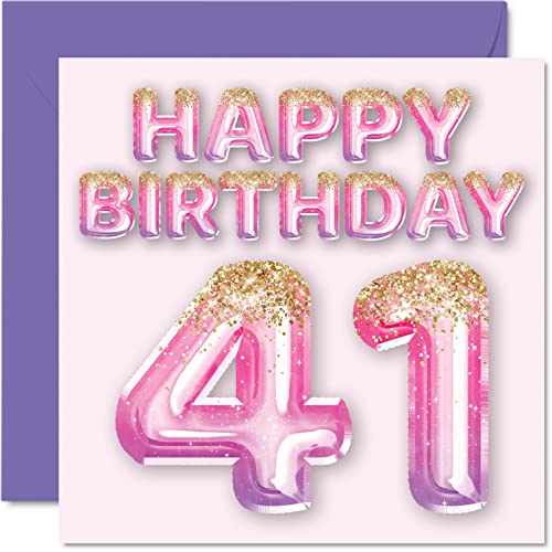 Stuff4 Geburtstagskarte zum 41. Geburtstag für Frauen – rosa und lila Glitzerballons – Happy Karten für 41 Jahre alte Frau Mama Cousin Freund Schwester Tante, 145 mm x 145 mm Grußkarten Geschenk von Stuff4