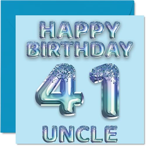 Stuff4 Geburtstagskarte zum 41. Geburtstag für Onkel – Blaue Glitzer-Partyballons – Happy Birthday Karten für den 41. Geburtstag Onkel von Neffe Nichte, 145 mm x 145 mm von Stuff4