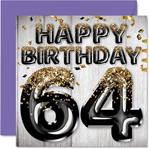 Stuff4 Geburtstagskarte zum 64. Geburtstag für Männer – schwarze und goldene Glitzerballons – Happy Karten für 64 Jahre alten Mann Papa Opa Onkel – Opa Onkel – 145 mm x 145 mm Grußkarten Geschenk von Stuff4