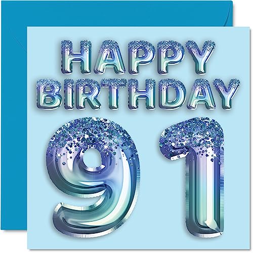 Stuff4 Geburtstagskarte zum 91. Geburtstag für Männer – Blauer Glitzer-Partyballon – Happy Birthday Karten für 91 Jahre alten Mann, Großvater, Großvater, Vater, Oma, 145 mm x 145 mm, 91. Geburtstag von Stuff4