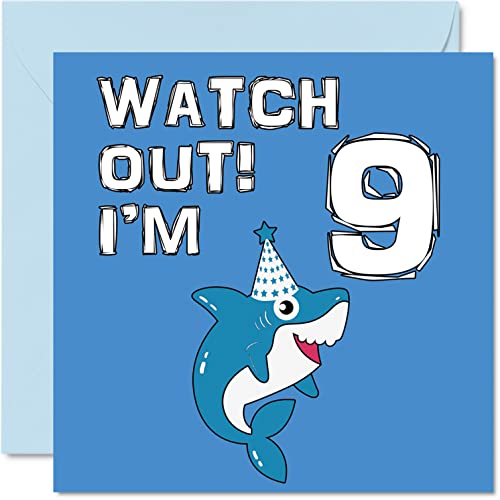 Stuff4 Karte zum 9. Geburtstag Junge – Shark Watch Out – Alles Gute zum Geburtstagskarte 9 Jahre alter Junge, Jungenkarten für Ihn, 145mm, Grußkarte für Sohn, Bruder, Enkel, Neffe, neunter Geburtstag von Stuff4