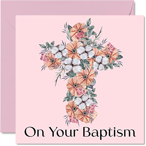 Taufkarten für Mädchen und Sie – "On Your Tauf" – Blumenkruzifix Glückwunschkarte zur Taufe, Erstkommunion, Taufgeschenke für Mädchen, 145 mm x 145 mm, christliches Geschenk, religiöse Grußkarten von Stuff4