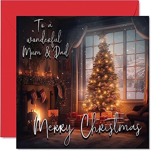 Traditionelle Weihnachtskarte – Merry Christmas to Mum & Dad – Happy Xmas Weihnachtskarte für Mama und Papa aus der ganzen Familie, 145 mm x 145 mm, einzelne Frohe Weihnachten Grußkarten, Geschenk von Stuff4