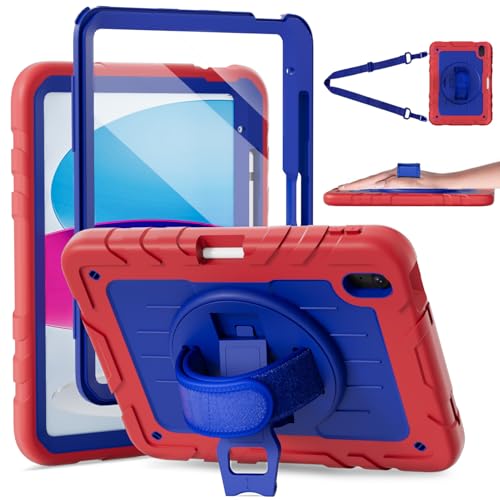 Stweap Schutzhülle für iPad (A16) 11. / 10. Generation 2025/2022 (27,9 cm / 27,9 cm), robuste, stoßfeste Schutzhülle mit Displayschutzfolie, drehbarem Ständer, Hand-/Schultergurt, Rot + Dunkelblau von Stweap
