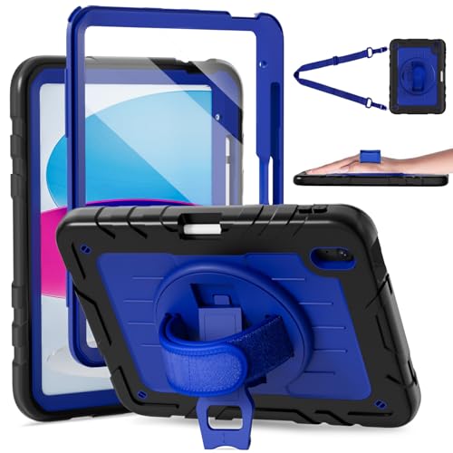 Stweap Schutzhülle für iPad (A16) 11. / 10. Generation 2025/2022 (27,9 cm / 27,9 cm), robuste, stoßfeste Schutzhülle mit Displayschutzfolie, drehbarem Ständer, Hand-/Schultergurt, Schwarz + Dunkelblau von Stweap