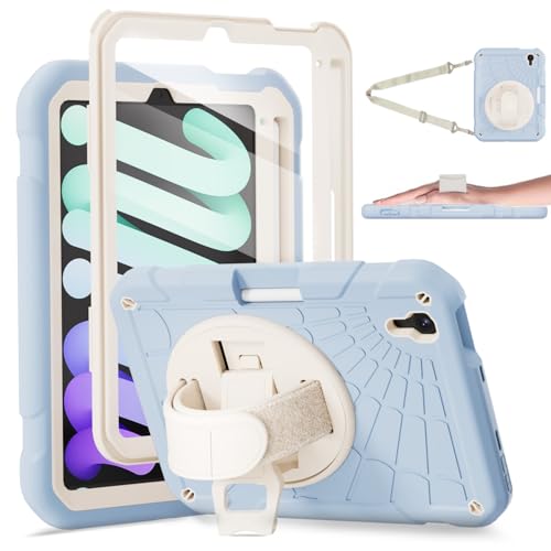 Stweap Schutzhülle für iPad Mini 7 A17 Pro/iPad Mini 6 8,3 Zoll (2024/2021) mit Stifthalter/Ständer, Handschlaufe/Schultergurt, Blau + Weiß von Stweap