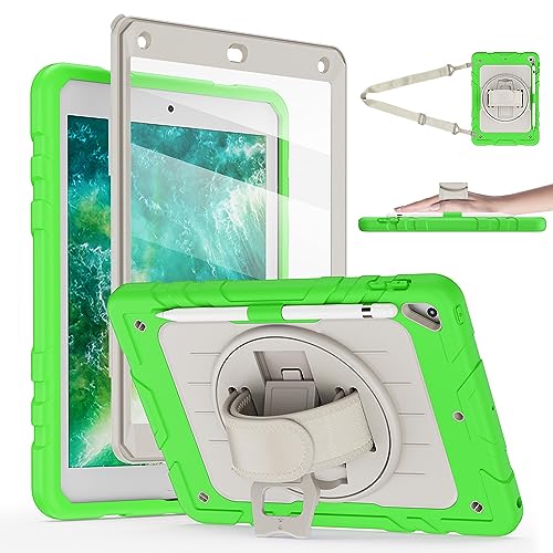 Stweap iPad 6./5th Generation Case 9.7 Zoll 2018/2017, mit eingebautem Displayschutz & 360° drehbarer Ständer/Strap Ganzkörper-Silikon+PC Durable Schutzhülle für Air 2/Pro 9.7 (FruitGreen & Beige) von Stweap