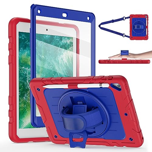 Stweap iPad 6./5th Generation Case 9.7 Zoll 2018/2017, mit eingebautem Displayschutz & 360° drehbarer Ständer/Strap Ganzkörper-Silikon+PC Durable Schutzhülle für Air 2/Pro 9.7 (Rot & Blau) von Stweap