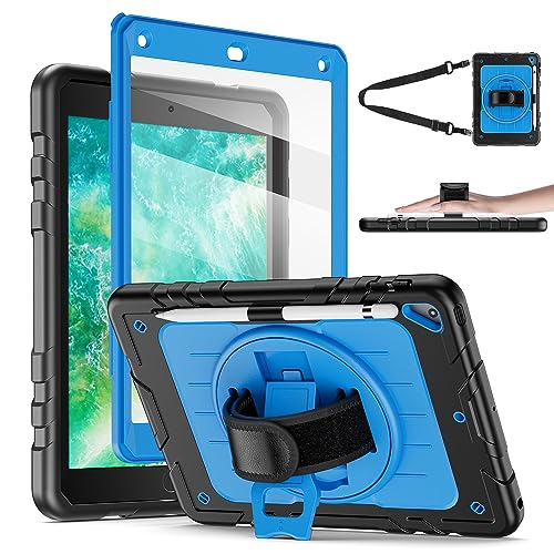 Stweap iPad 6./5th Generation Case 9.7 Zoll 2018/2017, mit eingebautem Displayschutz & 360° drehbarer Ständer/Strap Ganzkörper-Silikon+PC Durable Schutzhülle für Air 2/Pro 9.7 (Schwarz & Himmelblau) von Stweap